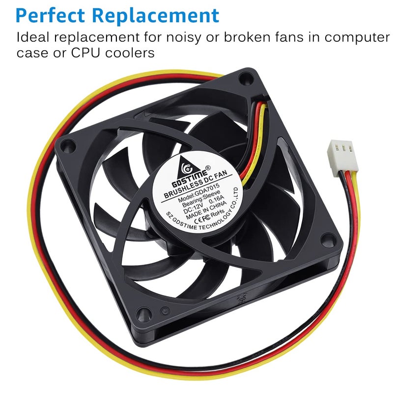 GDSTIME 70mm x 70mm x 15mm 12V 3PIN DC Brushless CPU Cooler Fan - Image 2